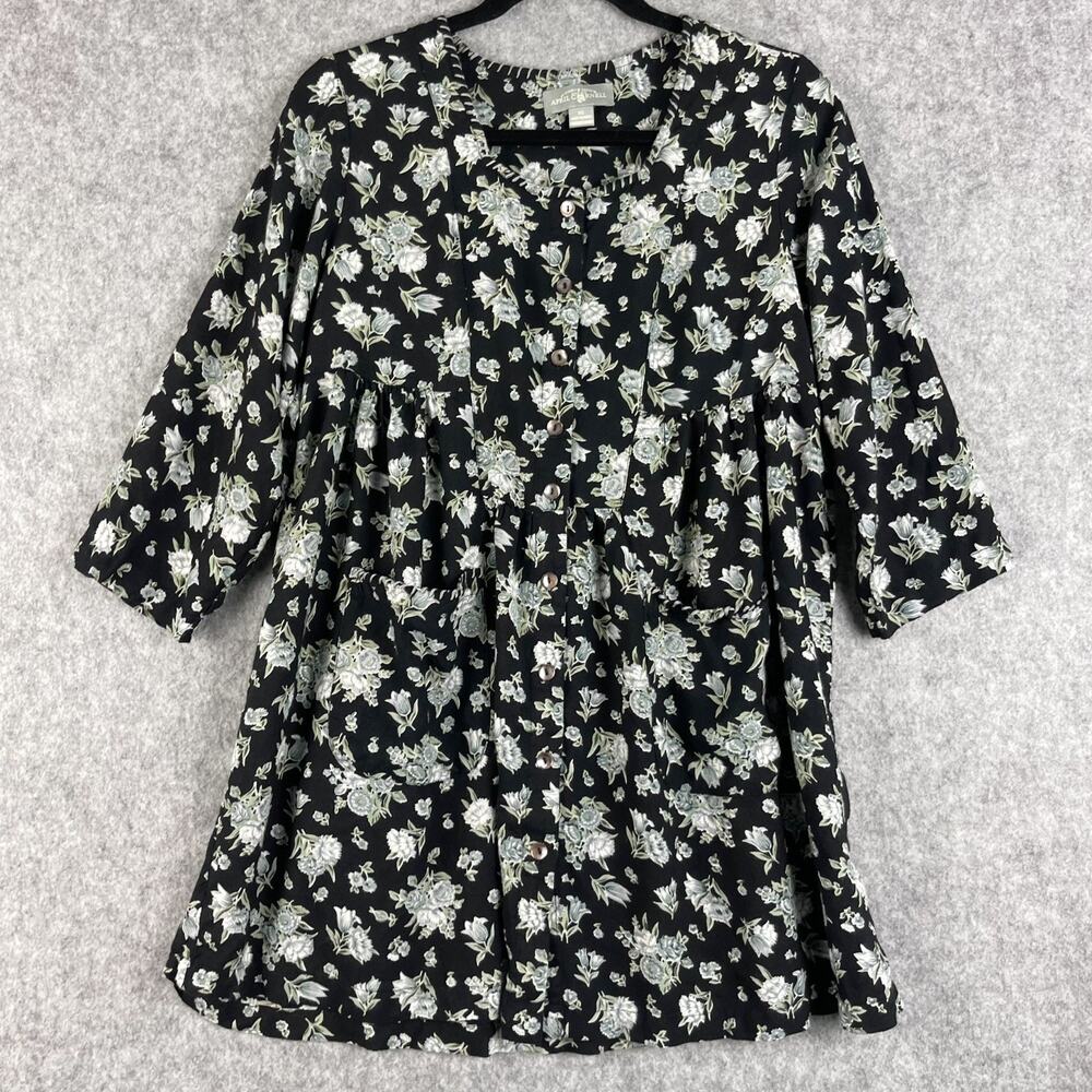 April Cornell Tunic Top Womens XS Black Floral Button Front Pockets Boho Cottage